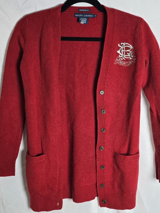 Ralph Lauren Sweaters - Ralph Lauren Boyfriend Fit Silver Monogram Red Button-Front Cardigan Sweater, XS